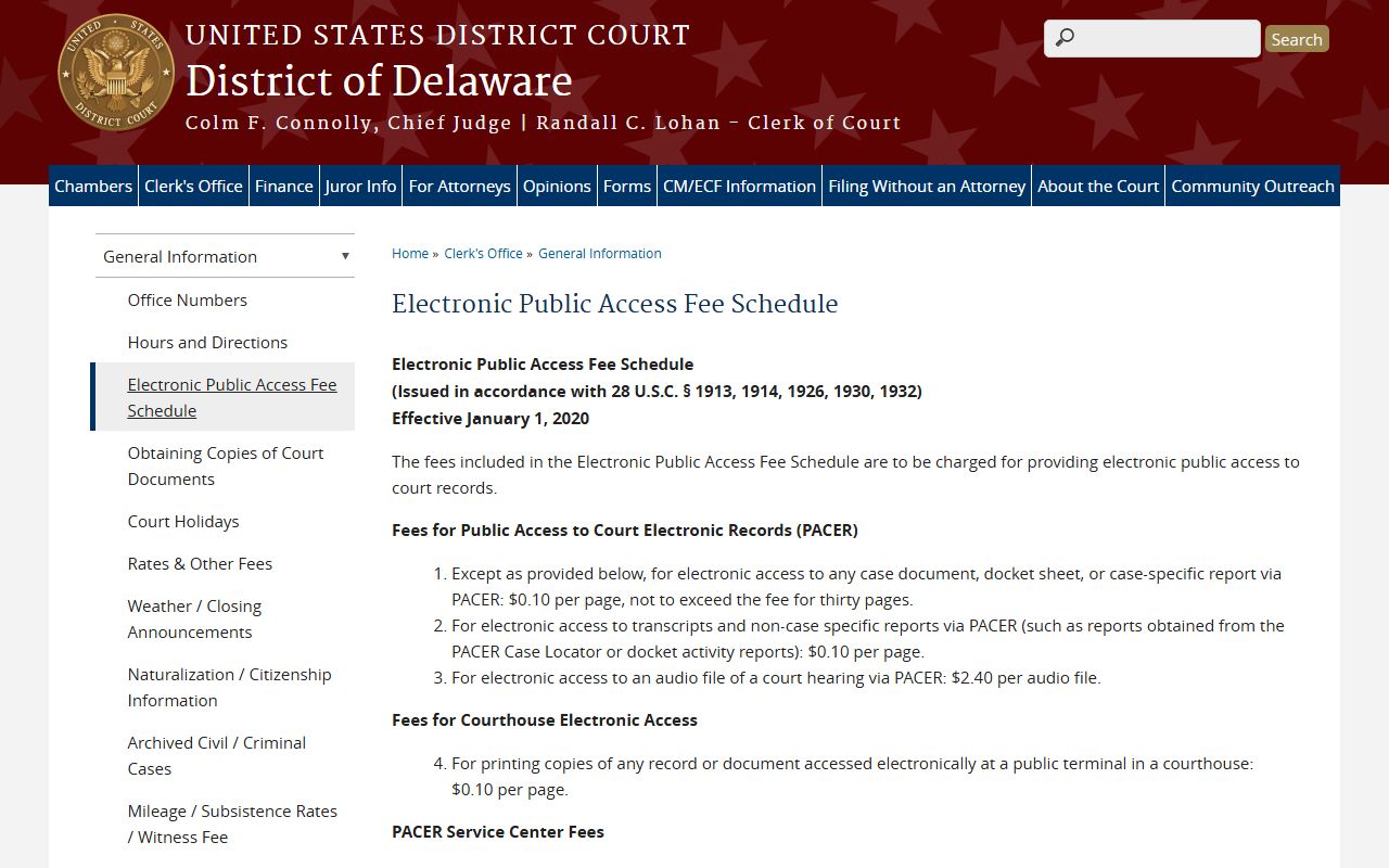 New Castle traffic court records federal PACER fee schedule