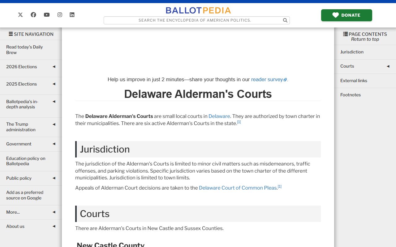 Delaware Alderman's Courts information showing all six active municipal courts
