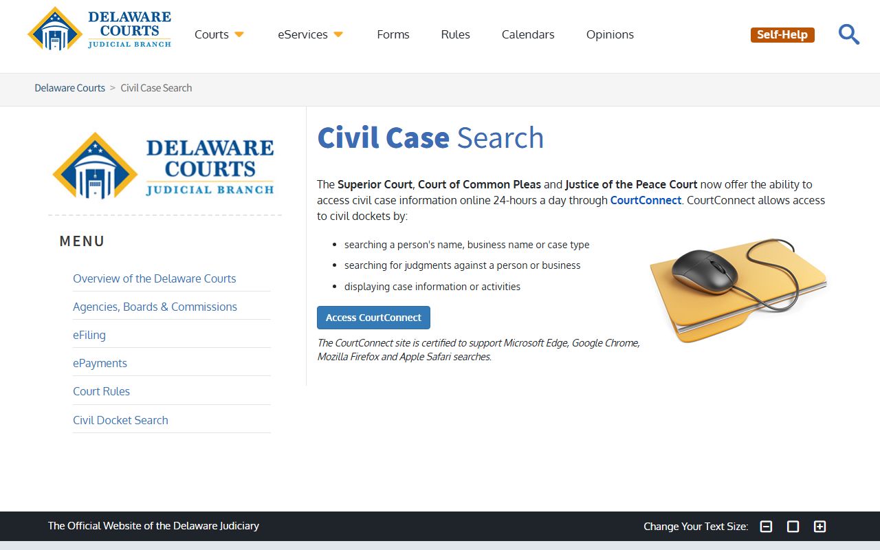 Delaware civil case search portal for court records and traffic case lookups