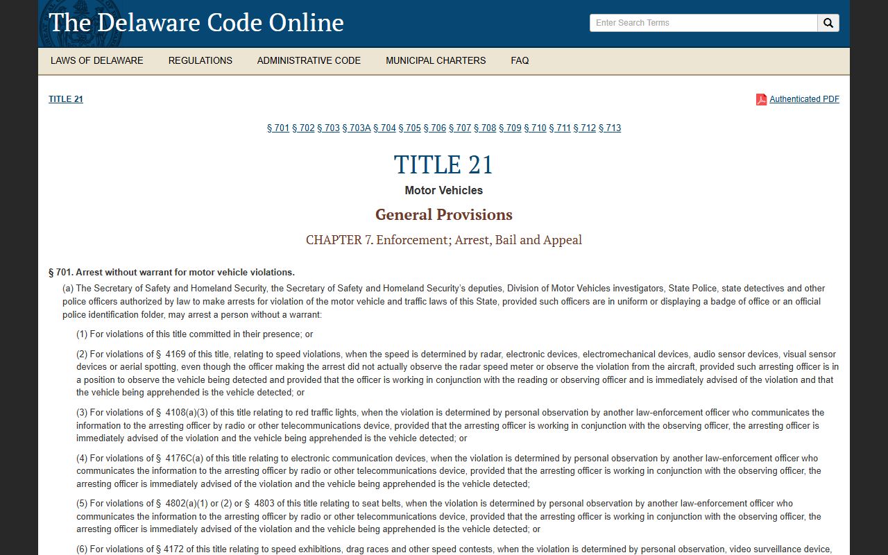 Delaware Code Title 21 motor vehicles chapter enforcement and court records