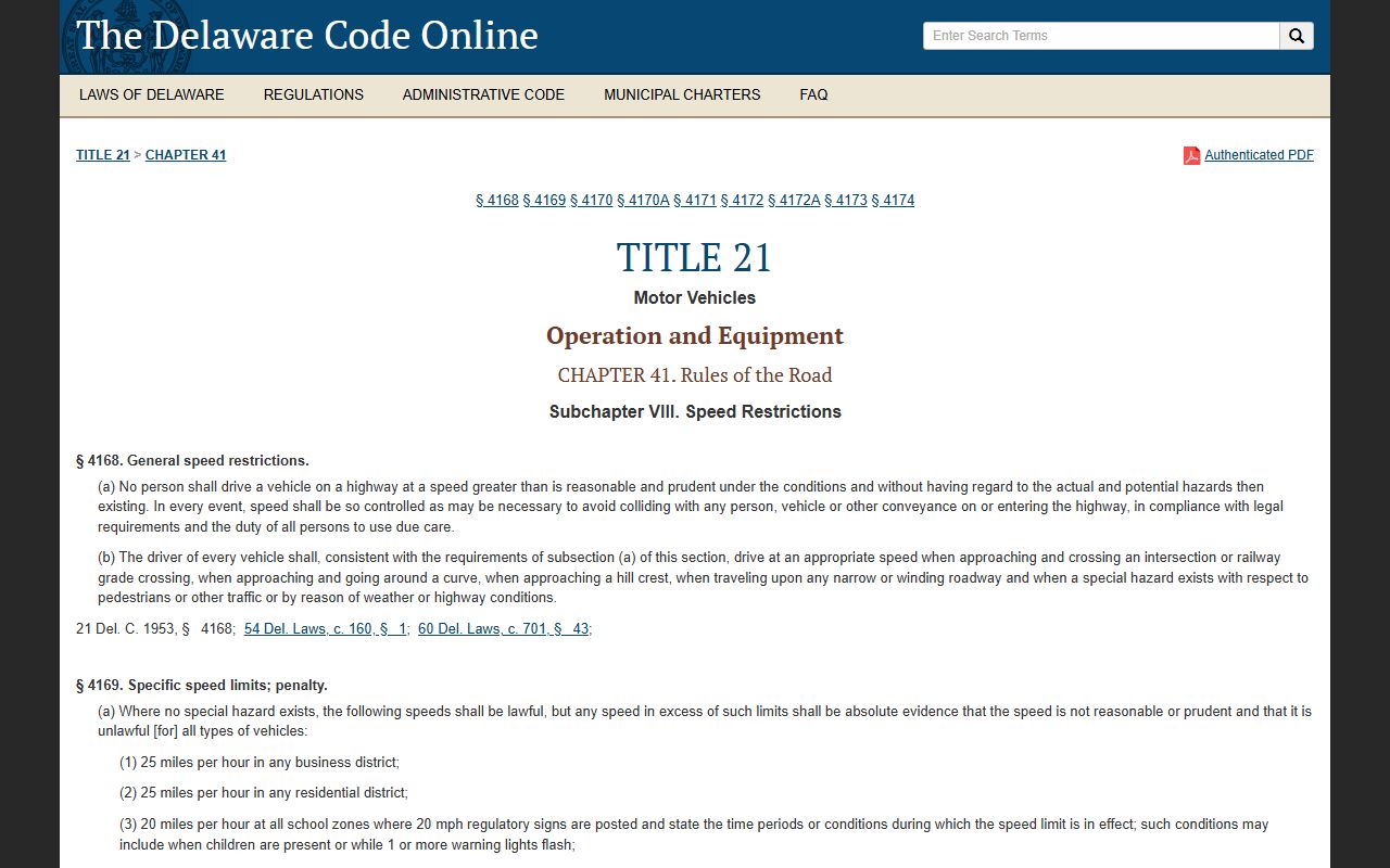 Delaware Code Title 21 Chapter 41 speed restriction statutes and per-mile fines