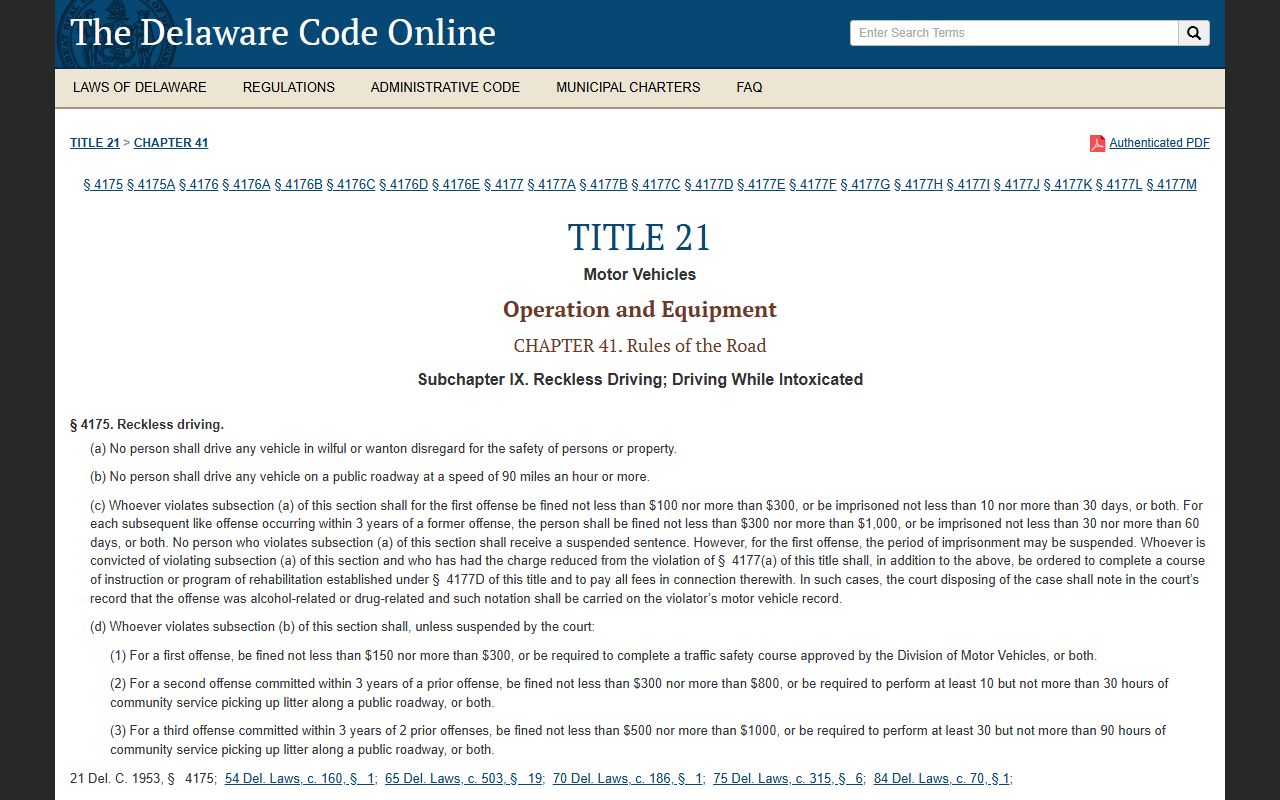 Delaware Code Title 21 reckless driving statutes penalties and court records