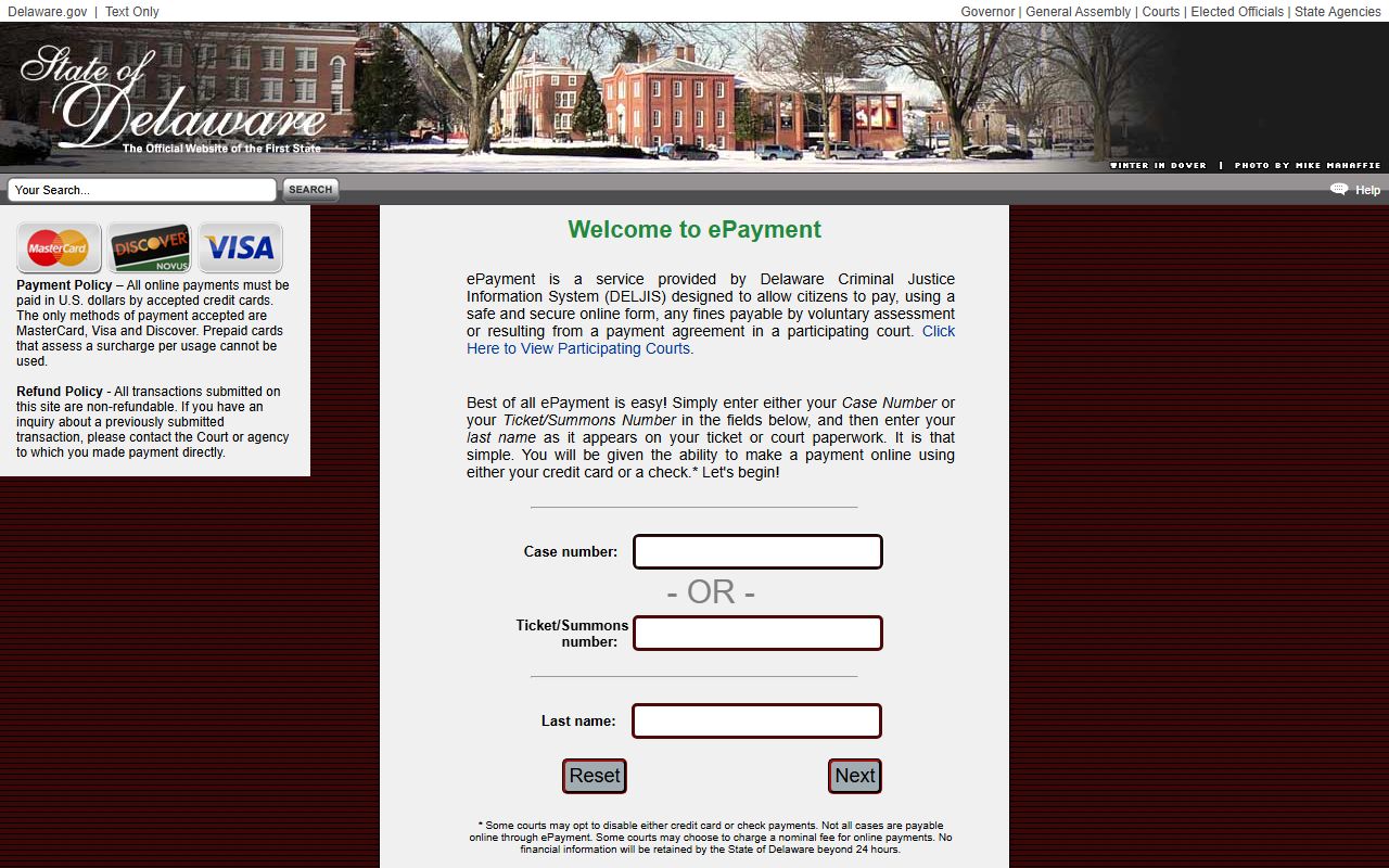 Delaware ePayment system for traffic fines and court payments online