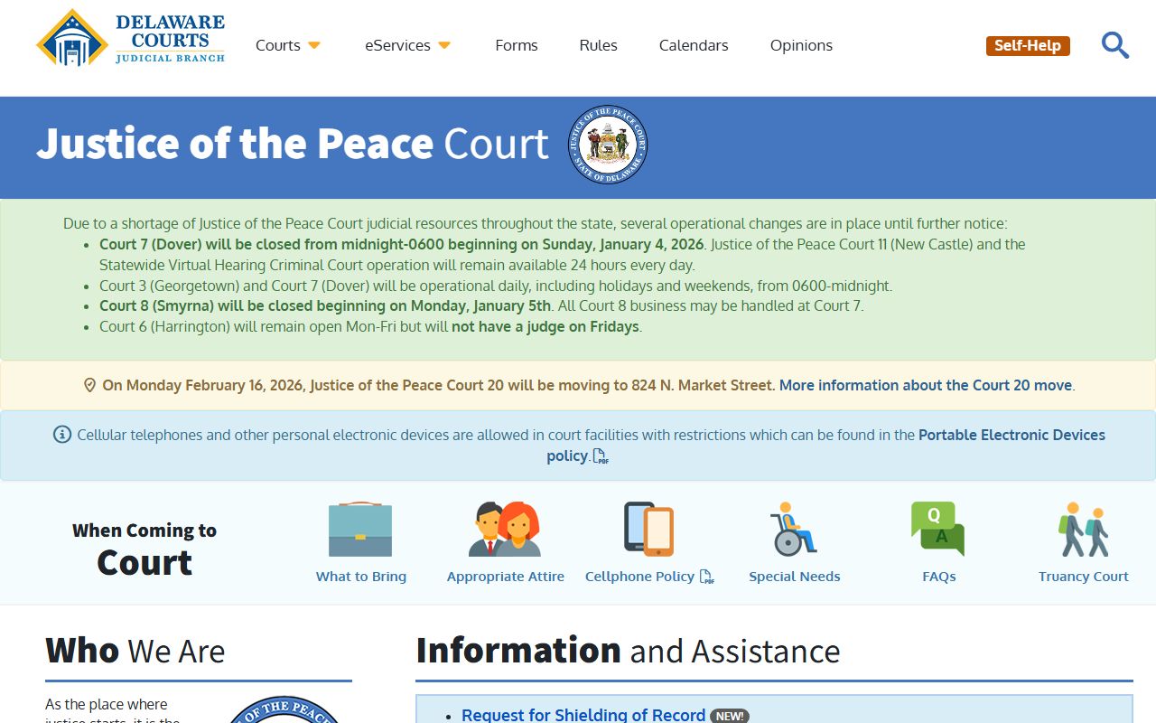 Delaware Justice of the Peace Court official page for traffic court records